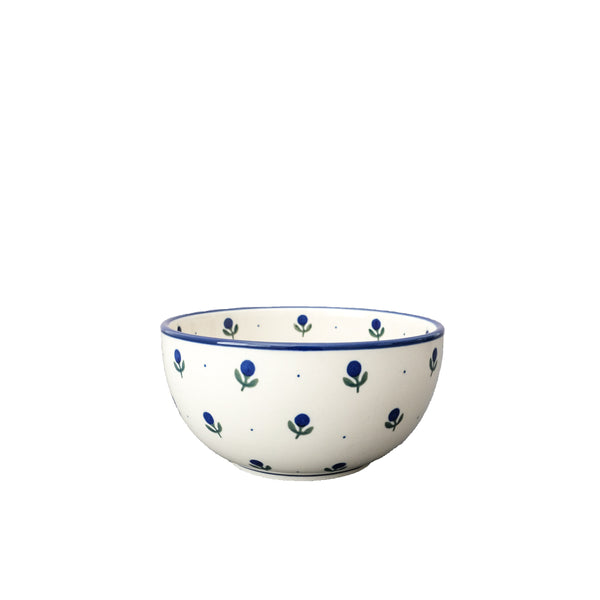 Handcrafted Polish Pottery 30 oz bowl with navy blueberry and tiny dots on cream, Ceramika Artystyczna, Boleslawiec, 135X
