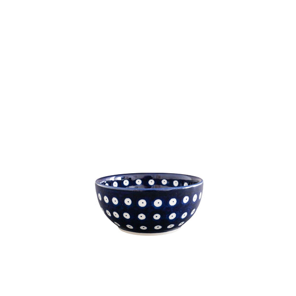 Handmade Polish Pottery dessert bowl 10 oz with white polka dot pattern on navy, Ceramika Artystyczna, Boleslawiec, 70AX