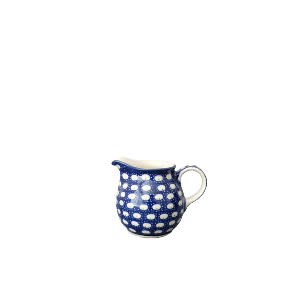Polish Pottery small 7 oz pitcher with navy lace with repeating white oval design, Ceramika Artystyczna, Boleslawiec, 74X