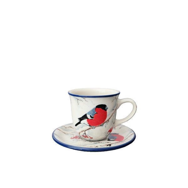 Polish Pottery cup with saucer 9 oz with winter-themed decoration featuring bullfinches, Ceramika Artystyczna, L39