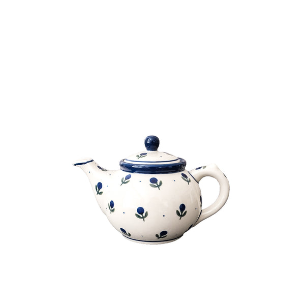 Handcrafted Polish Pottery 14 oz teapot with navy blueberry and tiny dots on cream, Ceramika Artystyczna, Boleslawiec, 135X