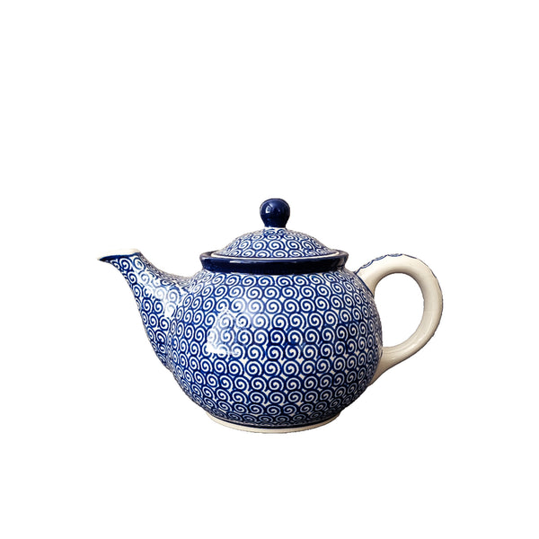 Handmade Polish Pottery 30 oz teapot with dark blue spiral wave pattern, Ceramika Artystyczna, Boleslawiec, 28X