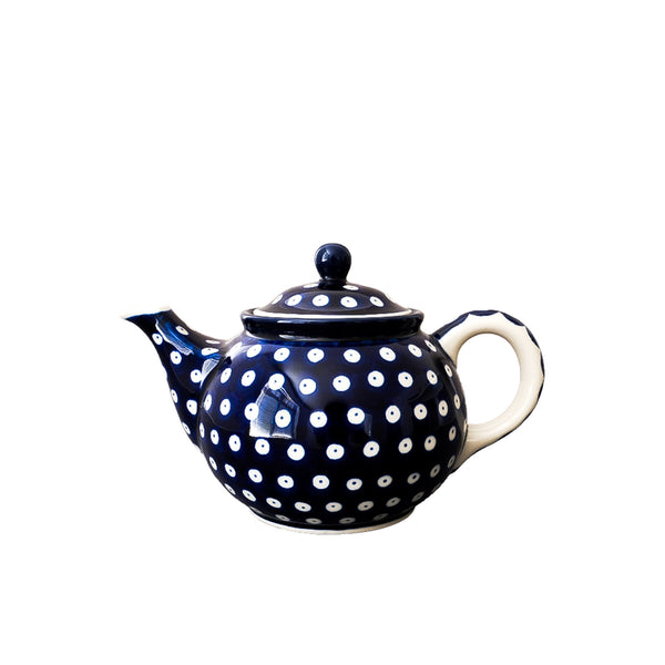 Handmade Polish Pottery 30 oz teapot with white polka dot pattern on navy, Ceramika Artystyczna, Boleslawiec, 70AX