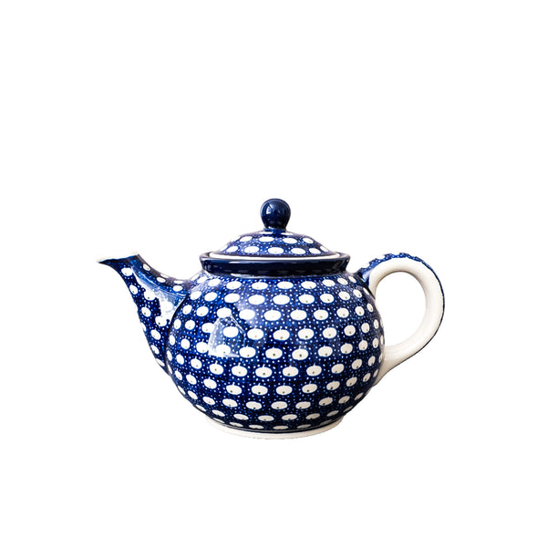 Polish Pottery 30 oz teapot with navy lace with repeating white oval design, Ceramika Artystyczna, Boleslawiec, 74X