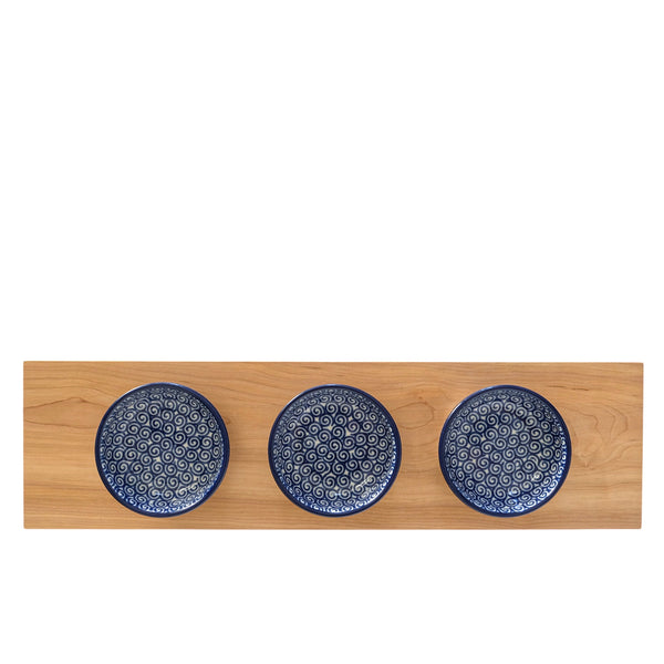 Honey Maple Serving Tray with 3 Small Polish Pottery Bowls - Set