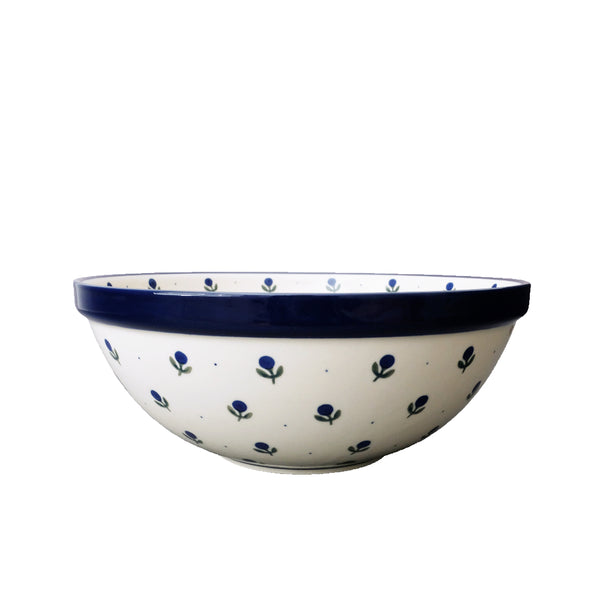 Polish Pottery 101 oz serving bowl with navy blueberry and tiny dots on cream, Ceramika Artystyczna, Boleslawiec, 135X