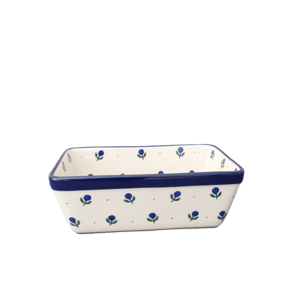 Polish Pottery small 8" loaf pan with navy blueberry and tiny dots on cream, Ceramika Artystyczna, Boleslawiec, 135X