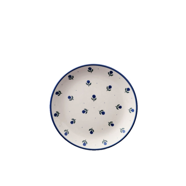 Polish Pottery breakfast plate 8" with navy blueberry and tiny dots on cream, Ceramika Artystyczna, Boleslawiec, 135X