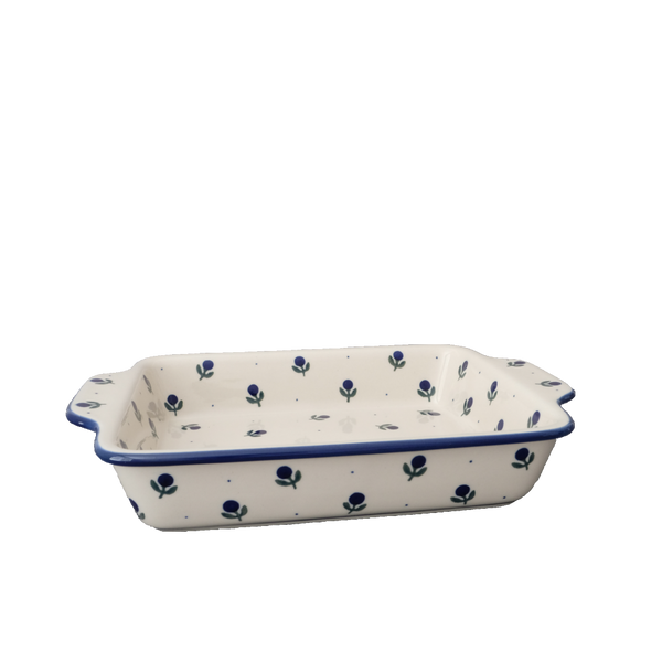 Polish Pottery rectangular baker 11" with navy blueberry and tiny dots on cream, Ceramika Artystyczna, Boleslawiec, 135X