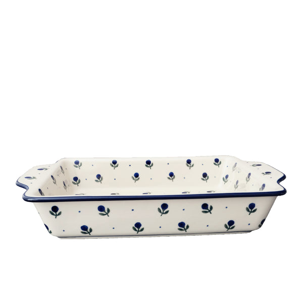 Polish Pottery rectangular baker 13" with navy blueberry and tiny dots on cream, Ceramika Artystyczna, Boleslawiec, 135X