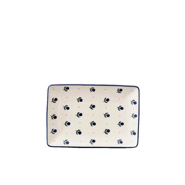 Polish Pottery small serving plate with navy blueberry and tiny dots on cream, Ceramika Artystyczna, Boleslawiec, 135X