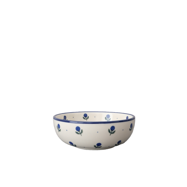 Polish Pottery snack 14 oz bowl with navy blueberry and tiny dots on cream, Ceramika Artystyczna, Boleslawiec, 135X