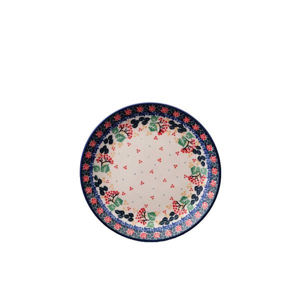 Polish Pottery breakfast plate 8" with rowanberry garland with red flowers navy lace, Ceramika Artystyczna, 2056X