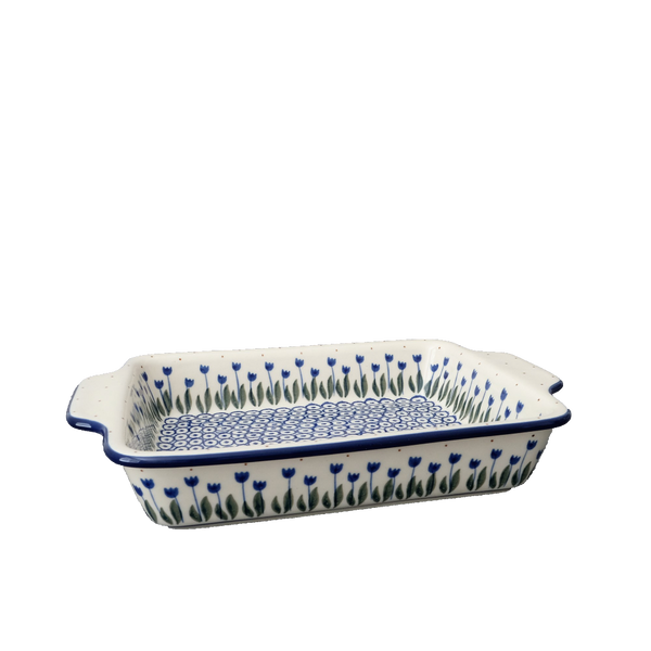 Polish Pottery rectangular baker 11" with blue tulips, green leaves and navy circles, Ceramika Artystyczna, 490AX