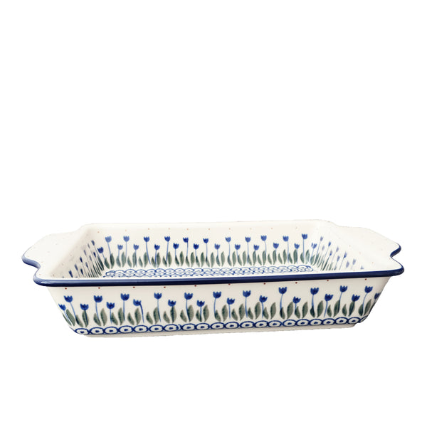 Polish Pottery rectangular baker 13" with blue tulips, green leaves and navy circles, Ceramika Artystyczna, 490AX