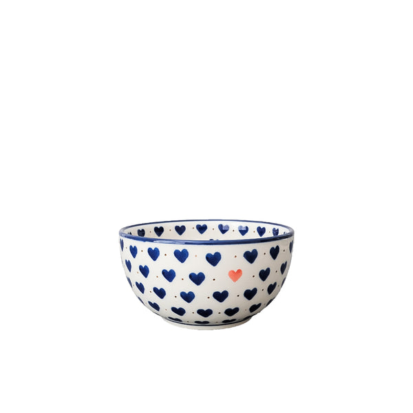 Handcrafted Polish Pottery 20 oz bowl with navy hearts and one coral heart on cream, Ceramika Artystyczna, Boleslawiec, 570