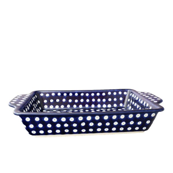 Polish Pottery rectangular baker 13" with white polka dot pattern on navy, Ceramika Artystyczna, Boleslawiec, 70AX